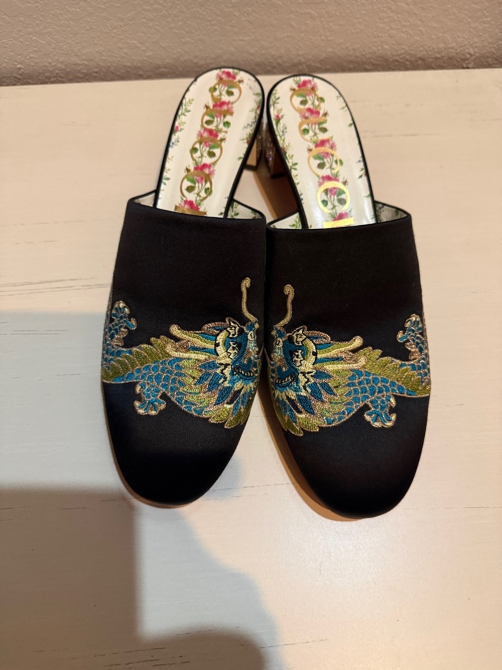Gucci Black Slip-On Mules with Blue & Gold Embroidered Dragon